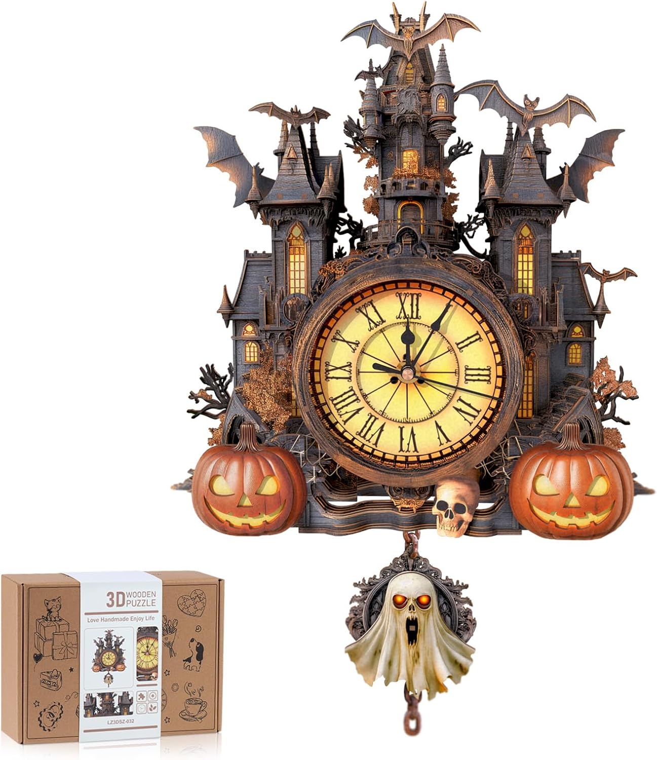 🎃 Halloween Castle 3D Wooden Puzzle Clock – Build & Display
