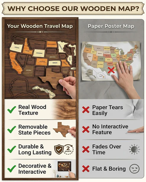 Wooden USA Travel Tracker Map 🗺️✨