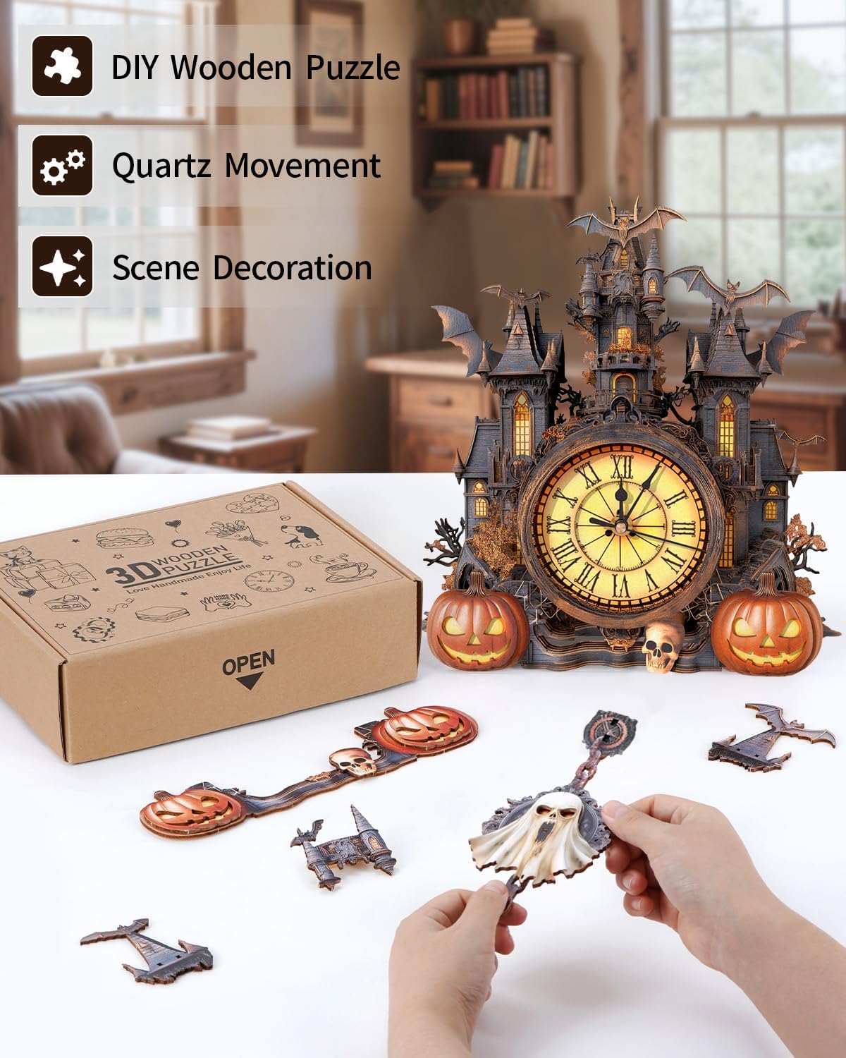 🎃 Halloween Castle 3D Wooden Puzzle Clock – Build & Display