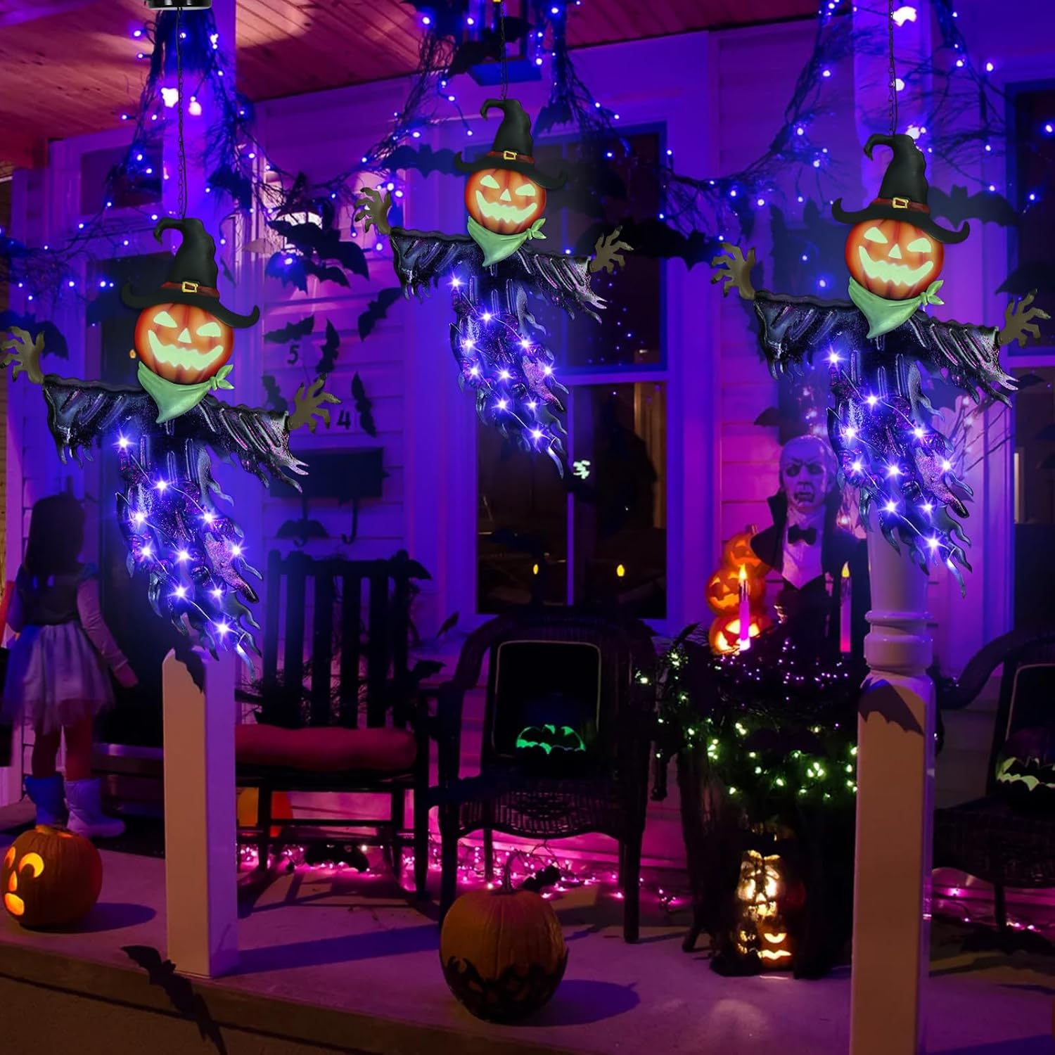 🎃 Solar Pumpkin Hanging Light – Green & Purple Halloween Glow