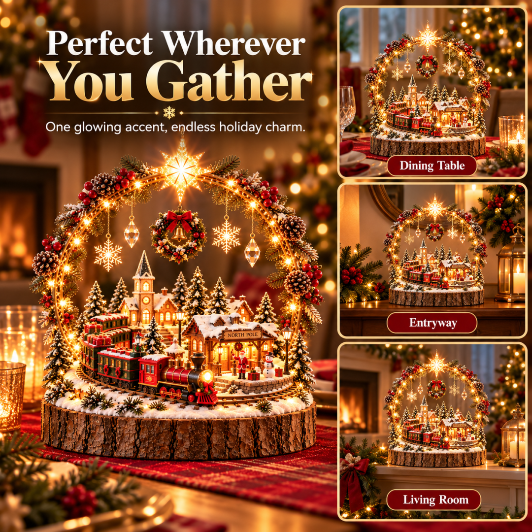 Christmas village train centerpiece as a holiday table display