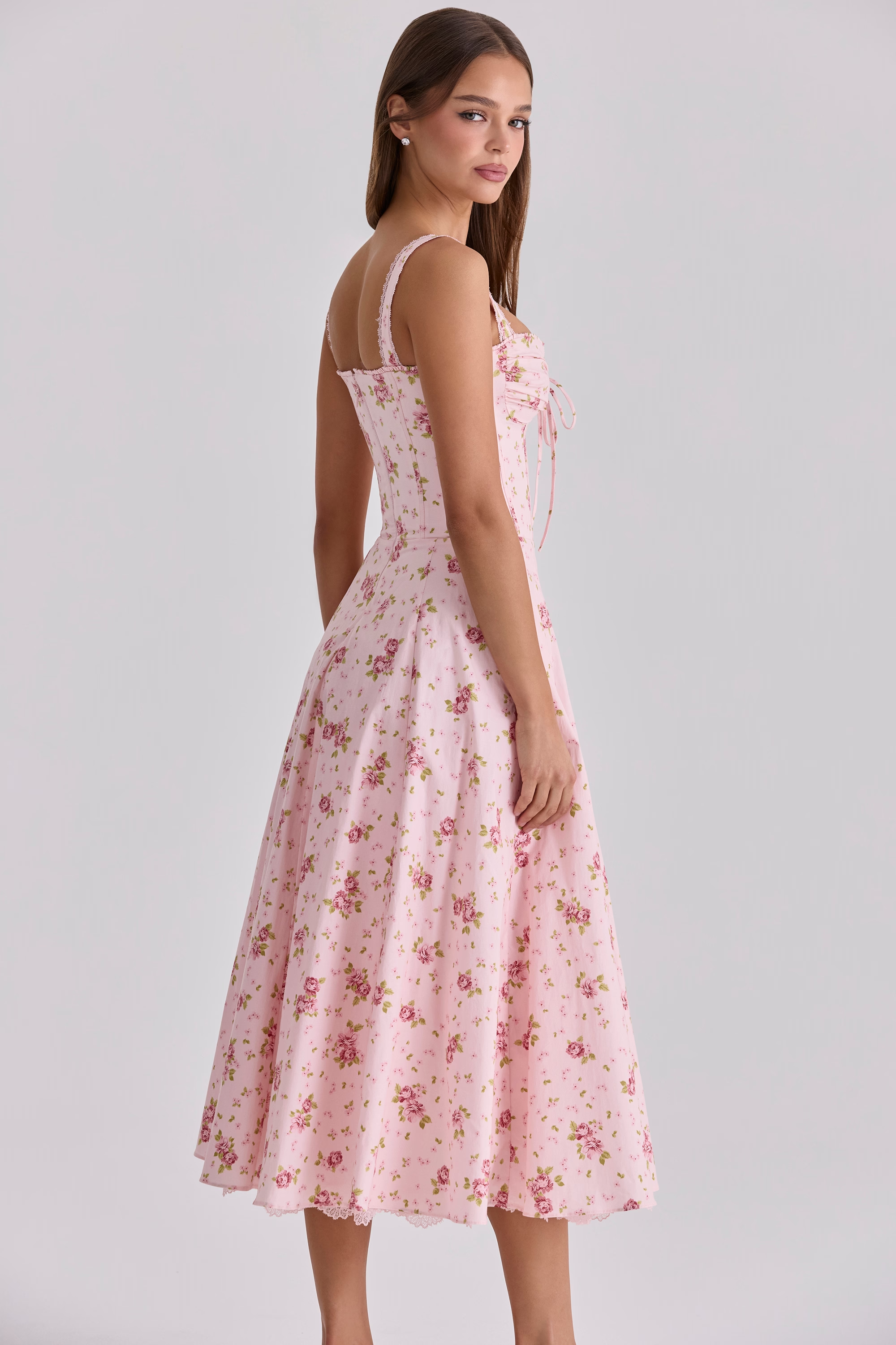 Vintage Rose Pink Floral Print Midi Dress