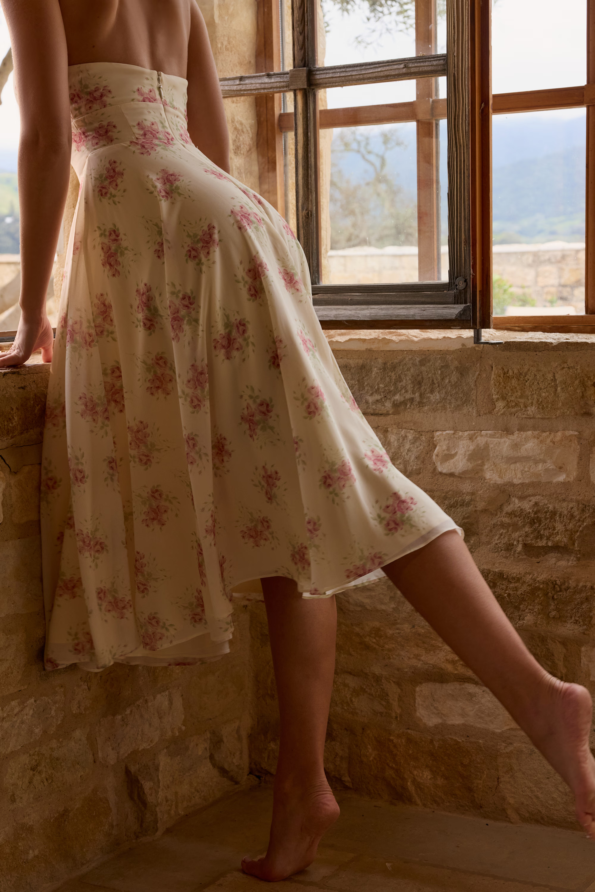 Ivory Vintage Rose Print Georgette Midi Halter Dress