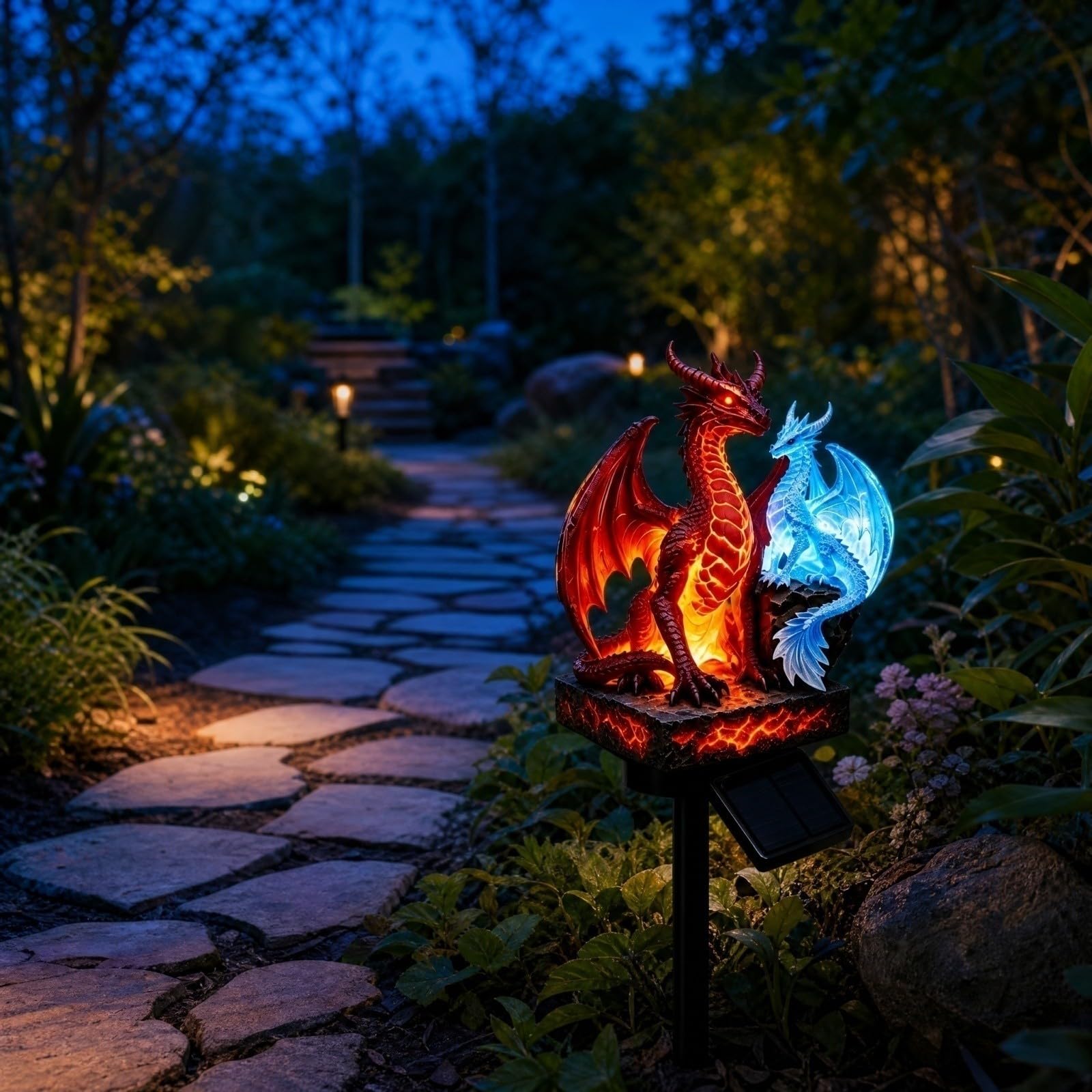 Gothic Garden Resin Dragon Statue Ground Stake, Solar Garden Figurine, Outdoor Statues Figurine Lights, Medieval Gargoyle Outdoor Landscape Lighting, Halloween Dragons Decor (Ice & Fire)