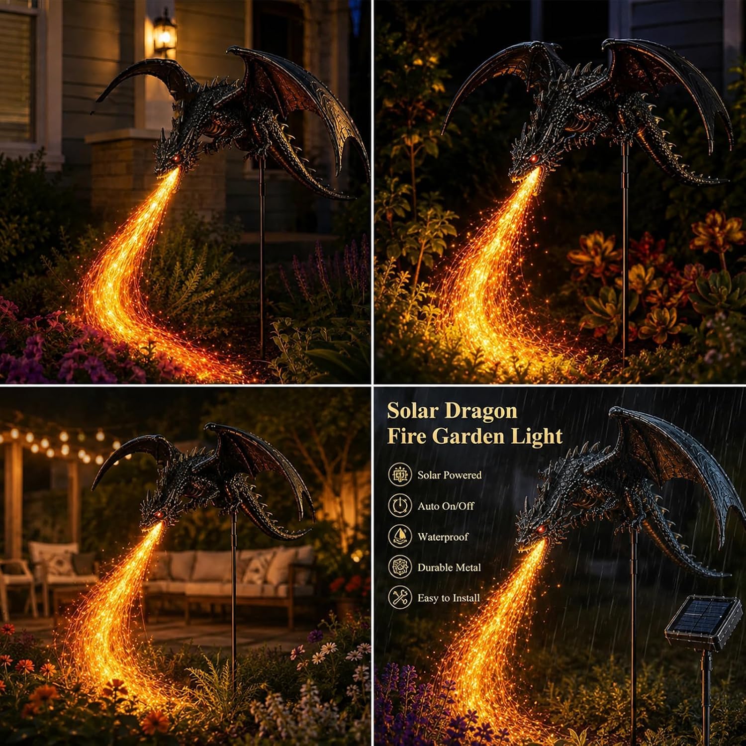 🐉 Fantasy Dragon Solar Garden Stake – Winged Flame Sculpture