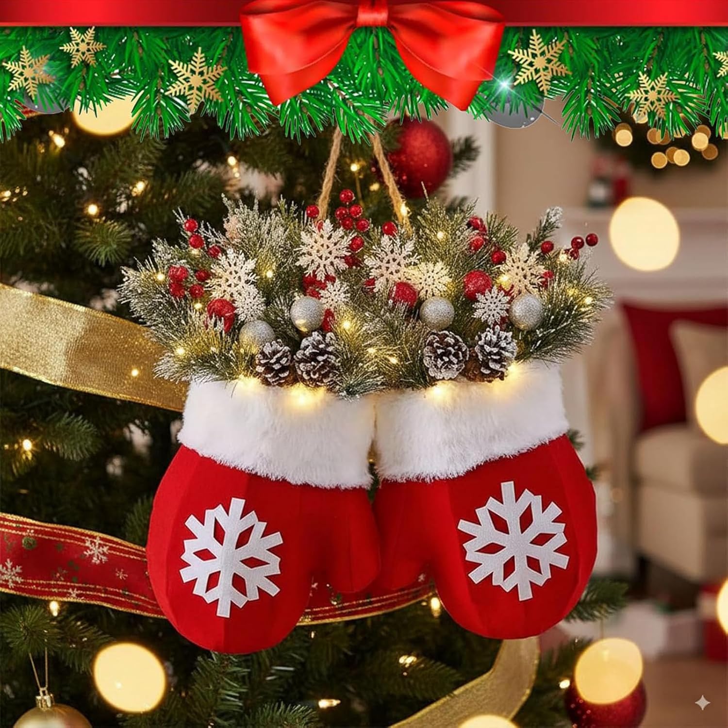 🎄 Christmas Glove Wreath – Lighted Holiday Decor for Door, Wall & Tree