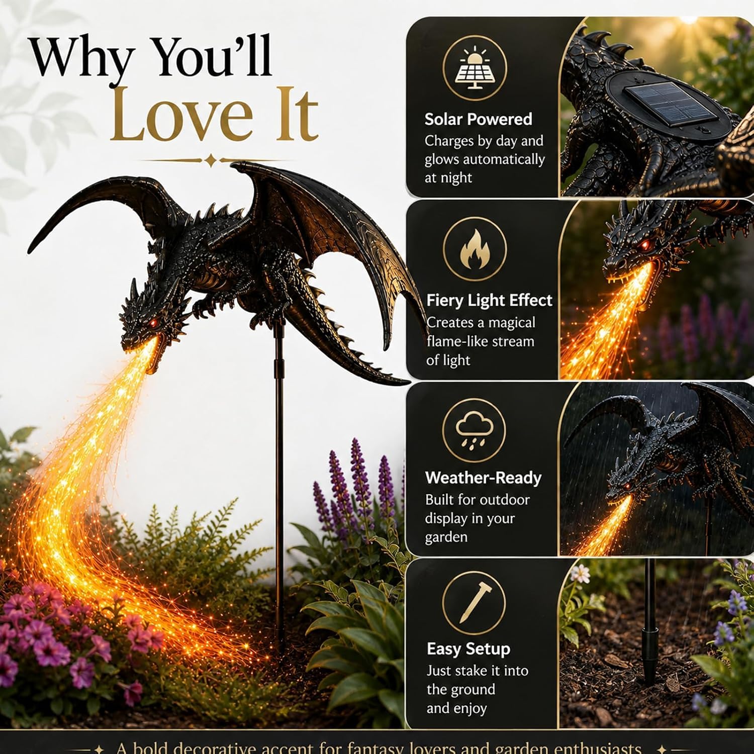 🐉 Fantasy Dragon Solar Garden Stake – Winged Flame Sculpture
