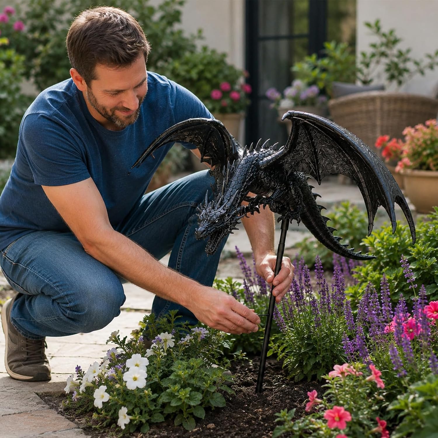 🐉 Fantasy Dragon Solar Garden Stake – Winged Flame Sculpture
