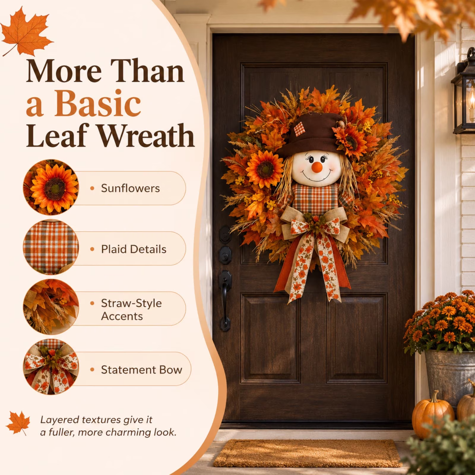 🍂 Fall Harvest Wreath – Lighted Scarecrow & Sunflower Front Door Decor