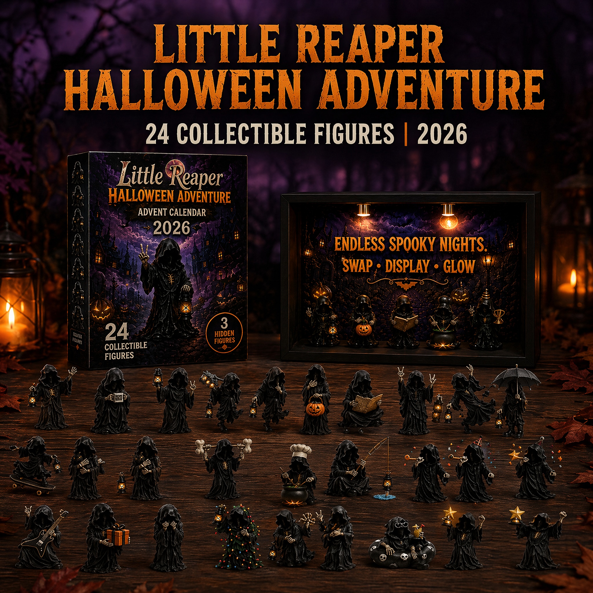 Halloween Little Reaper Advent Calendar 2026, 24 Days of Spooky Fun Decorations & 3 Secret Reapers Hidden Mystery Figures, All Ages Halloween Countdown Advent Gift Calendar