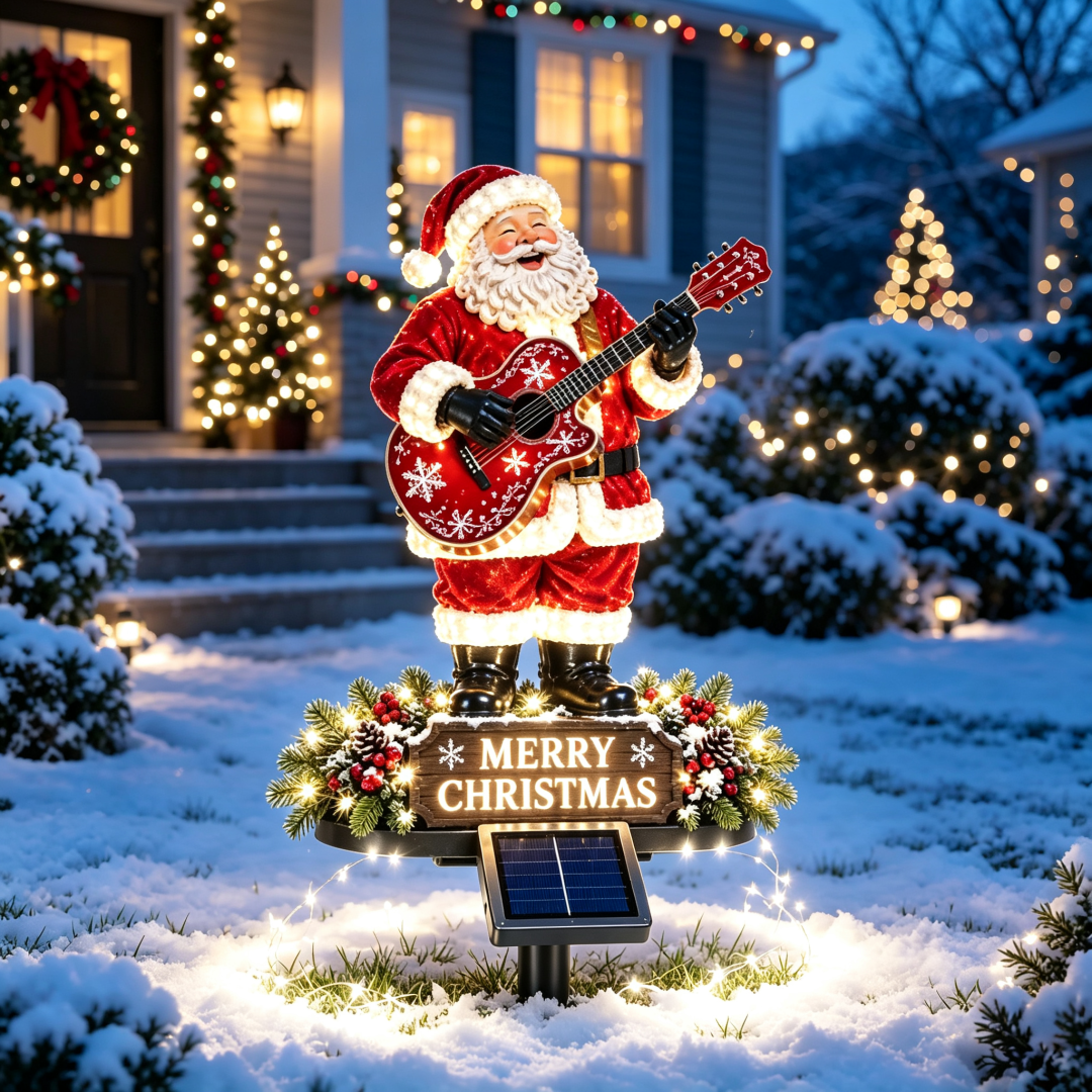 Outdoor Santa solar stake light installed in a Christmas lawn scene