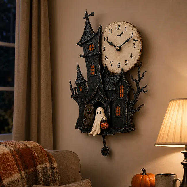 Haunted house clock with full moon clock face