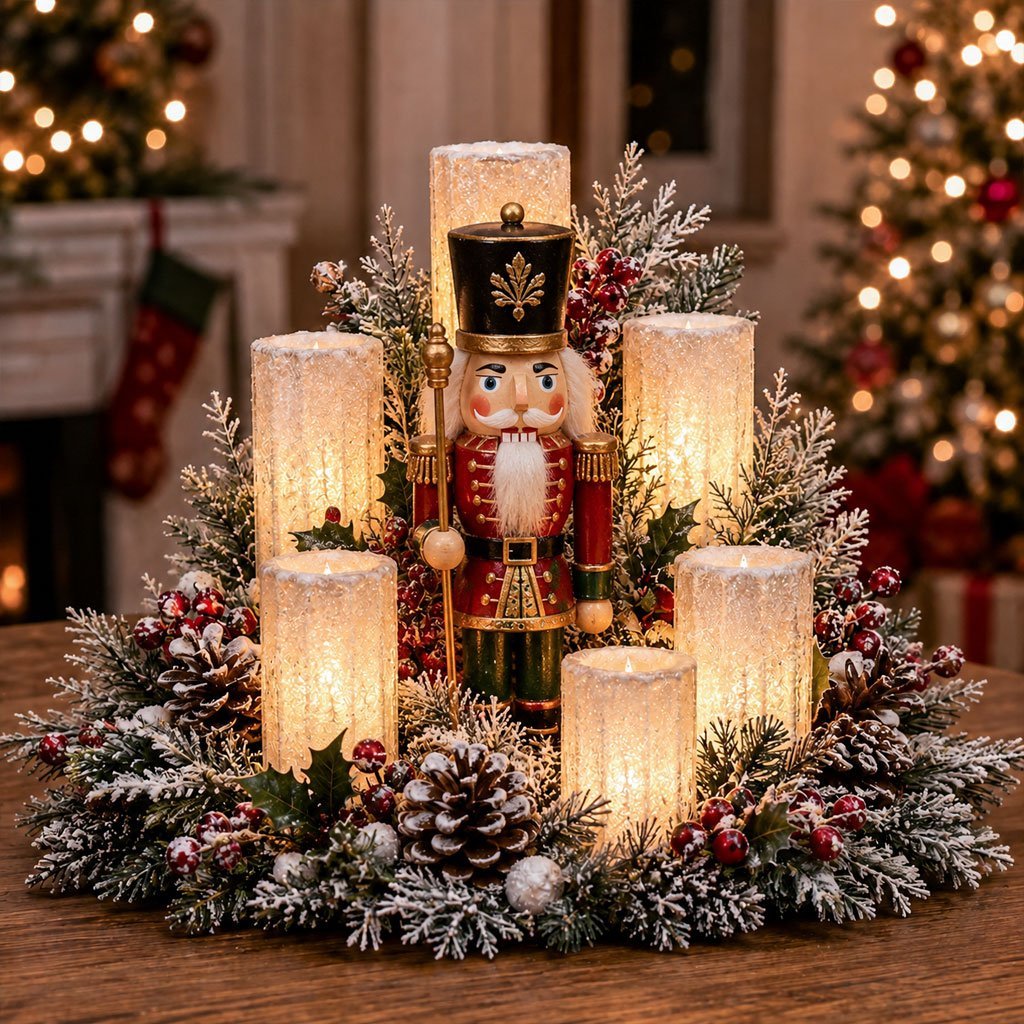 Christmas table centerpiece creating a cozy festive holiday atmosphere