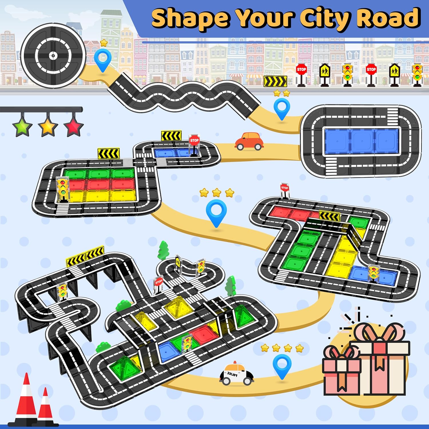 38PCS City Traffic Magnetic Tiles Set 🚦🧩
