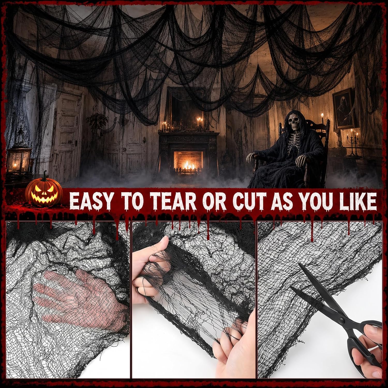 🔥 LAST DAY: 49% OFF! 🎃 Black Creepy Gauze - Scary Halloween Party Decor 🕸️💀