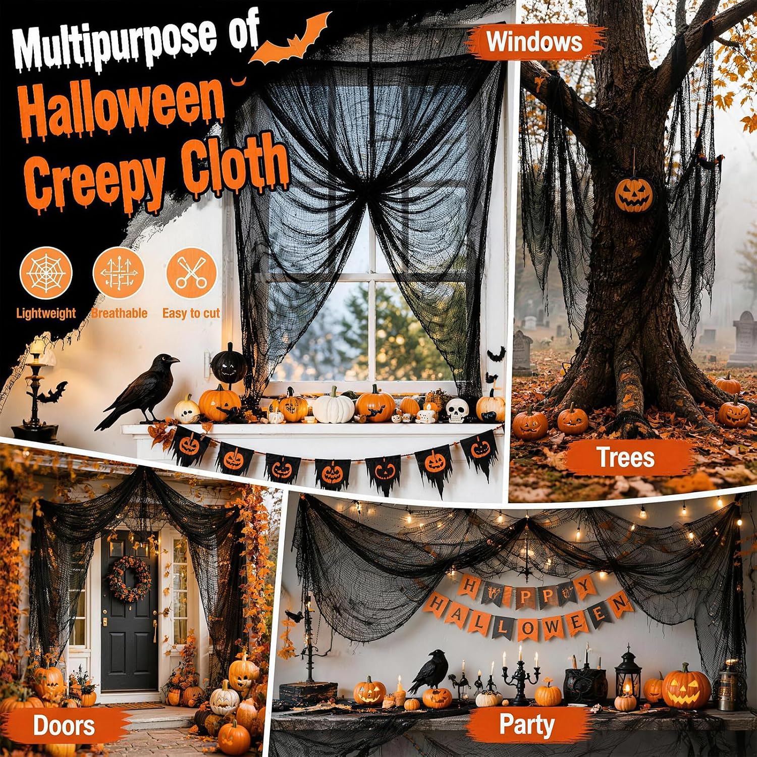 🔥 LAST DAY: 49% OFF! 🎃 Black Creepy Gauze - Scary Halloween Party Decor 🕸️💀
