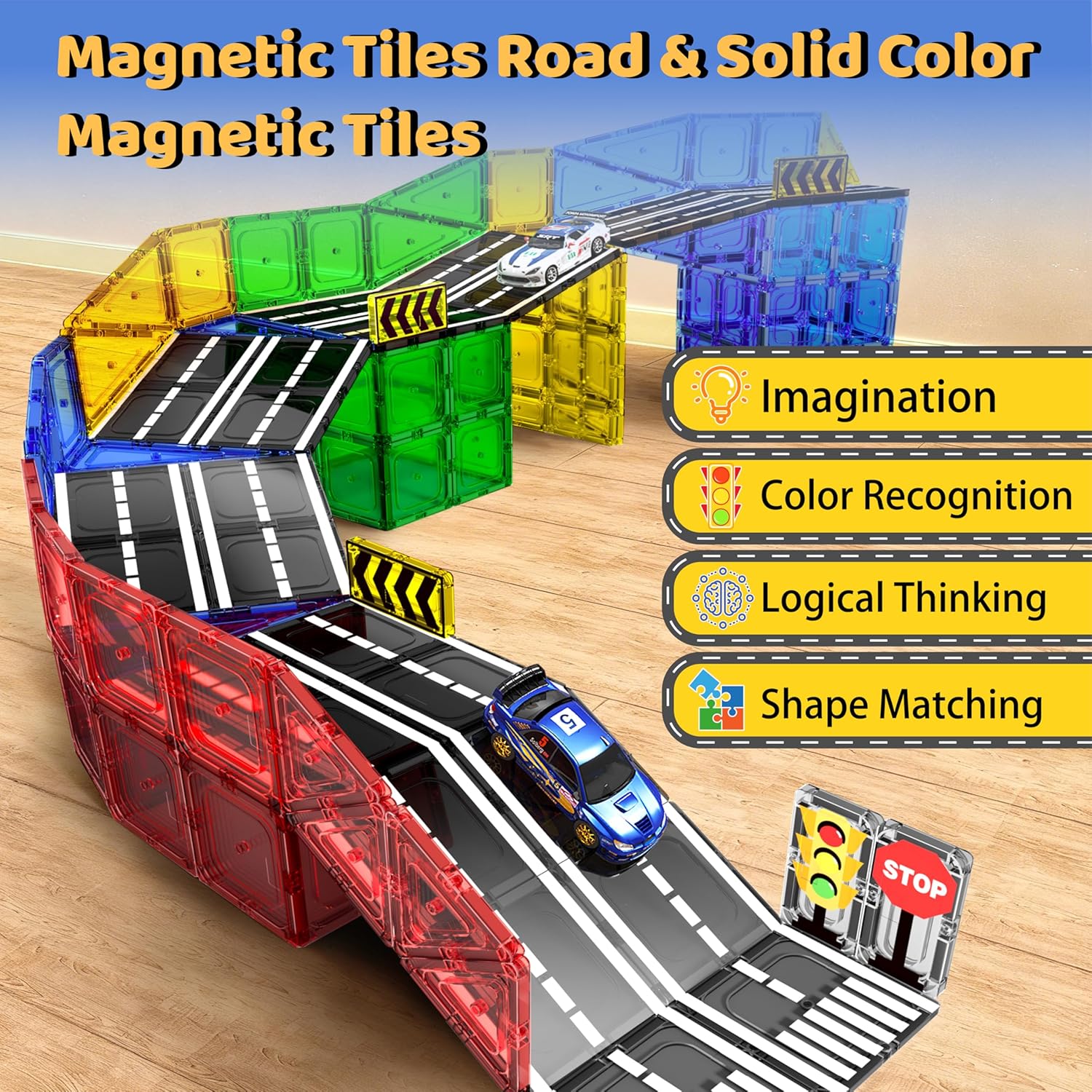 38PCS City Traffic Magnetic Tiles Set 🚦🧩