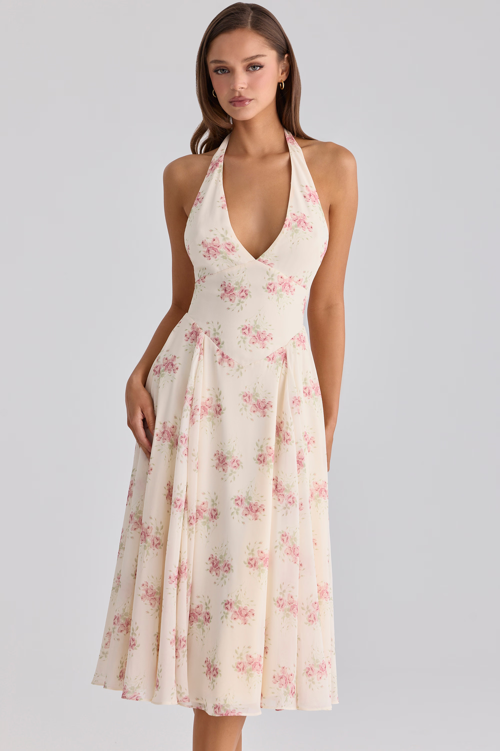 Ivory Vintage Rose Print Georgette Midi Halter Dress