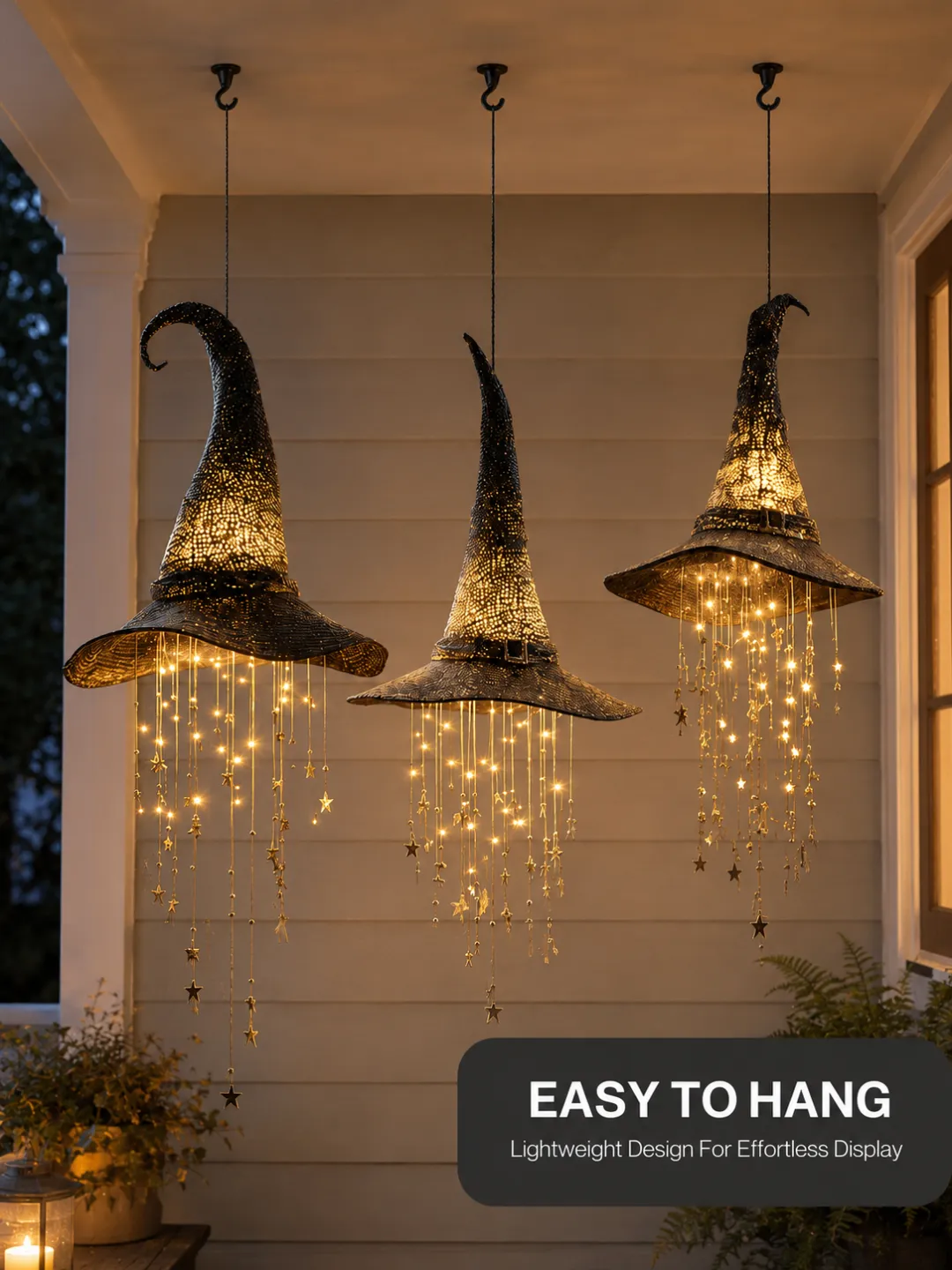 🧙‍♀️ Enchanted Witch Hat Hanging Decoration – Warm LED Glow for Halloween Nights