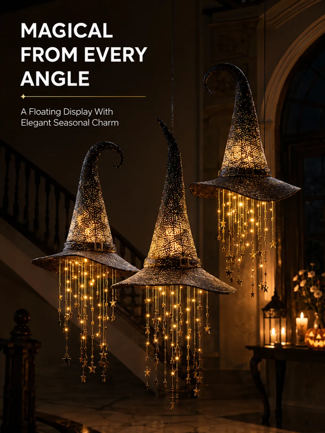 🧙‍♀️ Enchanted Witch Hat Hanging Decoration – Warm LED Glow for Halloween Nights