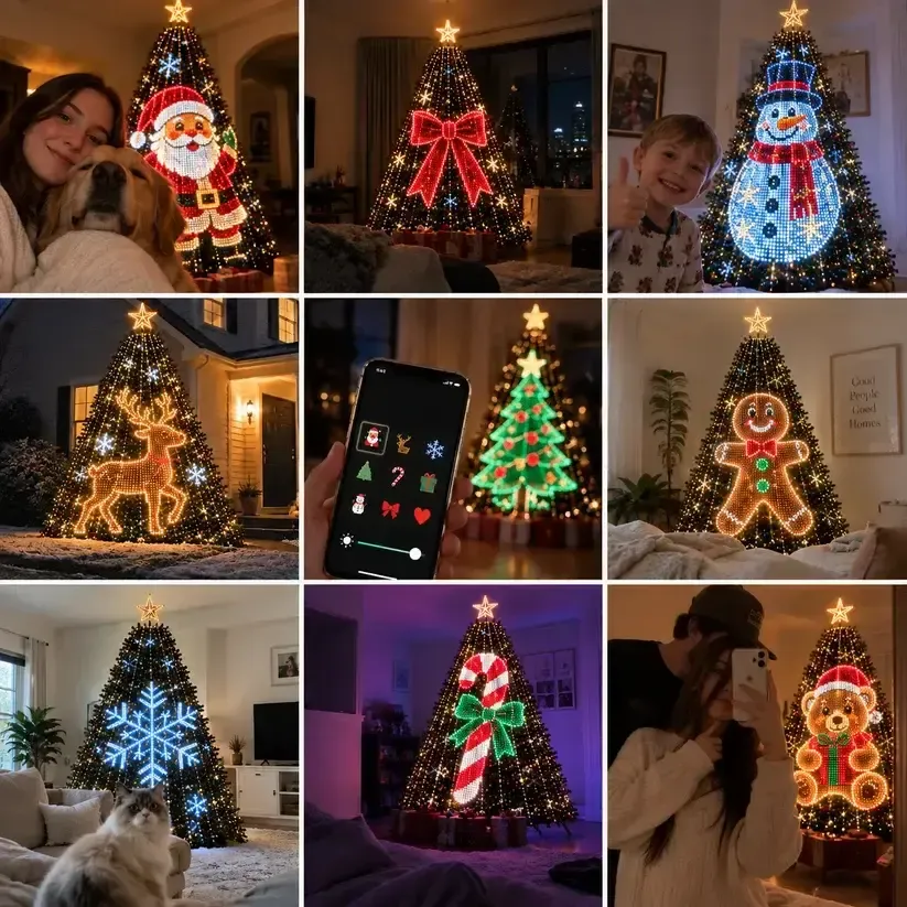 Family and home scenes showing smart animated Christmas tree light designs