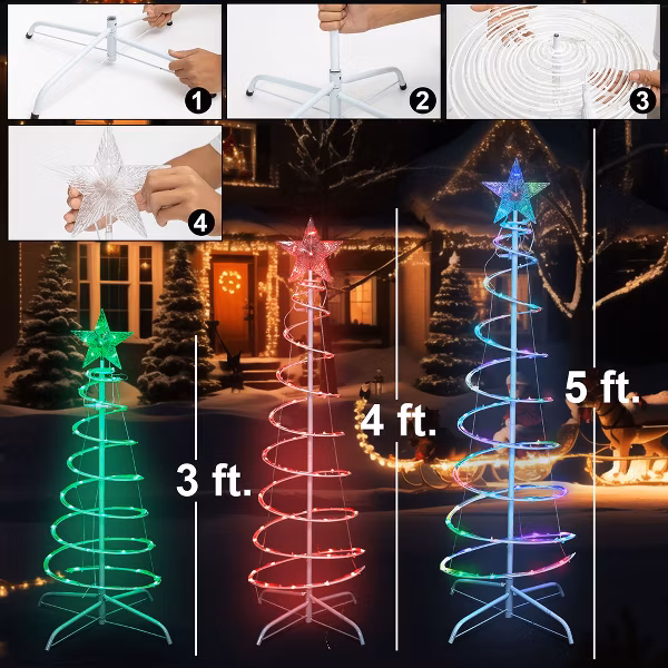 🎄 3 Pack Light Up Spiral Christmas Trees – 60" with 8 Light Modes