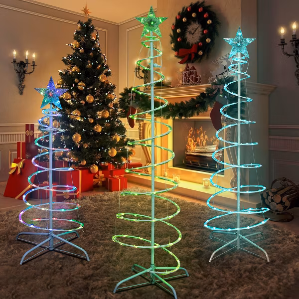 🎄 3 Pack Light Up Spiral Christmas Trees – 60" with 8 Light Modes
