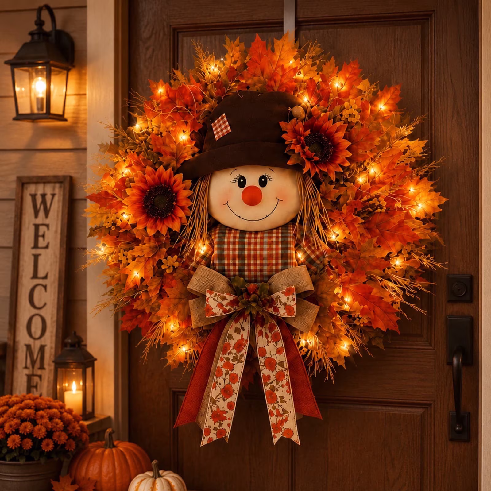 🍂 Fall Harvest Wreath – Lighted Scarecrow & Sunflower Front Door Decor