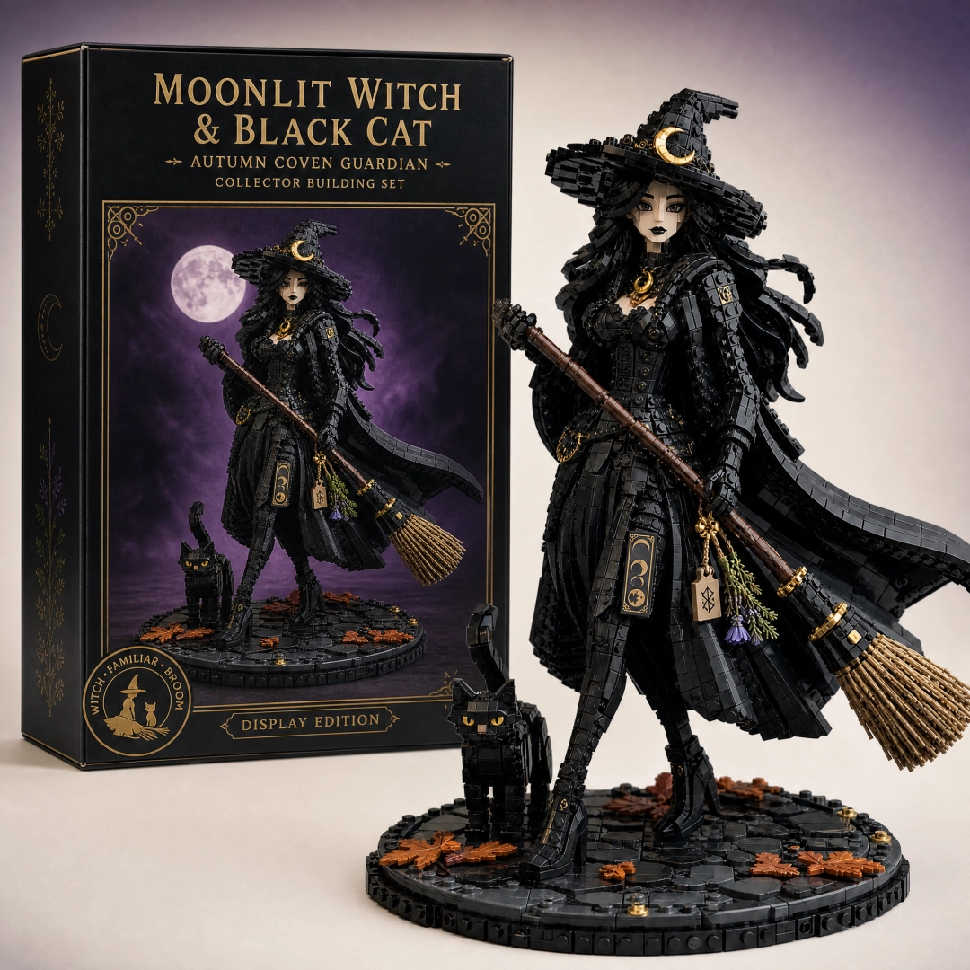 🌙 Moonlit Witch & Black Cat — Autumn Coven Guardian Collector Building Set