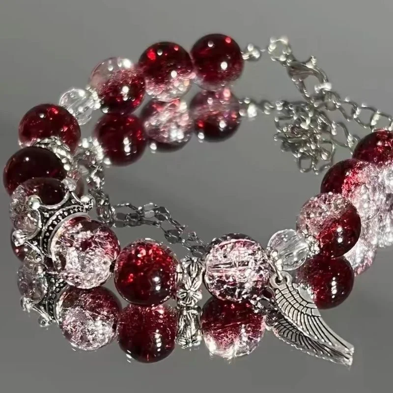 Creative Personalized Beaded Bracelet Red Crystal Feather Pendant Bracelet New Women Vintage Elastic Beaded Chain Accessories