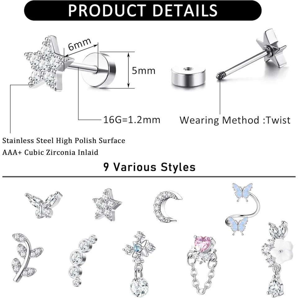 Bobisty 1PC 16G Cartilage Earrings Helix Earrings for Women Stainless Steel Helix Piercing Jewelry Leaf Butterfly CZ Studs