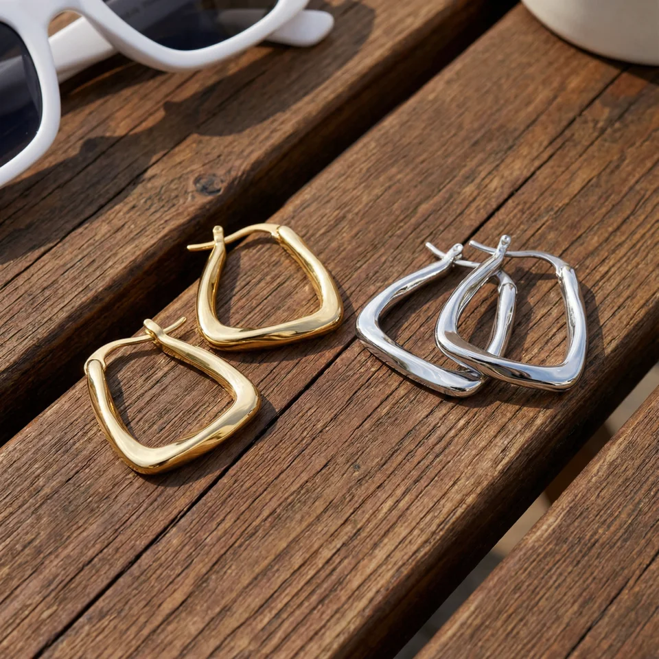Stainless Steel Gold Color Geometric Design Twisted Square Hoop Earrings For Women Creative Young Girls Party Wedding Jewelry