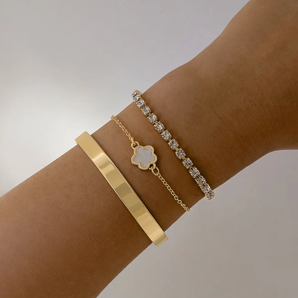 3Pcs/ Set Bohemia Minimalism Metal Rhinestone Chain Bracelet Set for Women Metal Bangle Gold Color Jewelry Gifts
