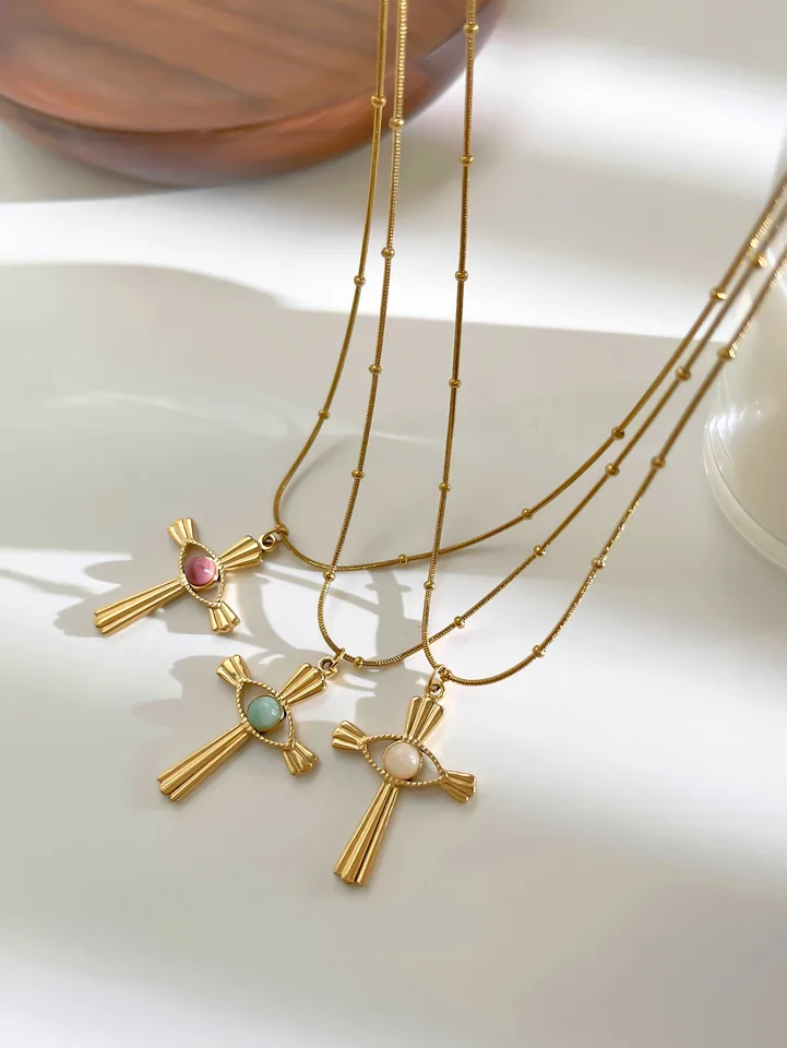 Peri'sbox Fashion Devil's Eye Natural Stone Cross Pendant Women Necklace Punk Style 18kGold Plated Bead Chain Party Jewelry Gift