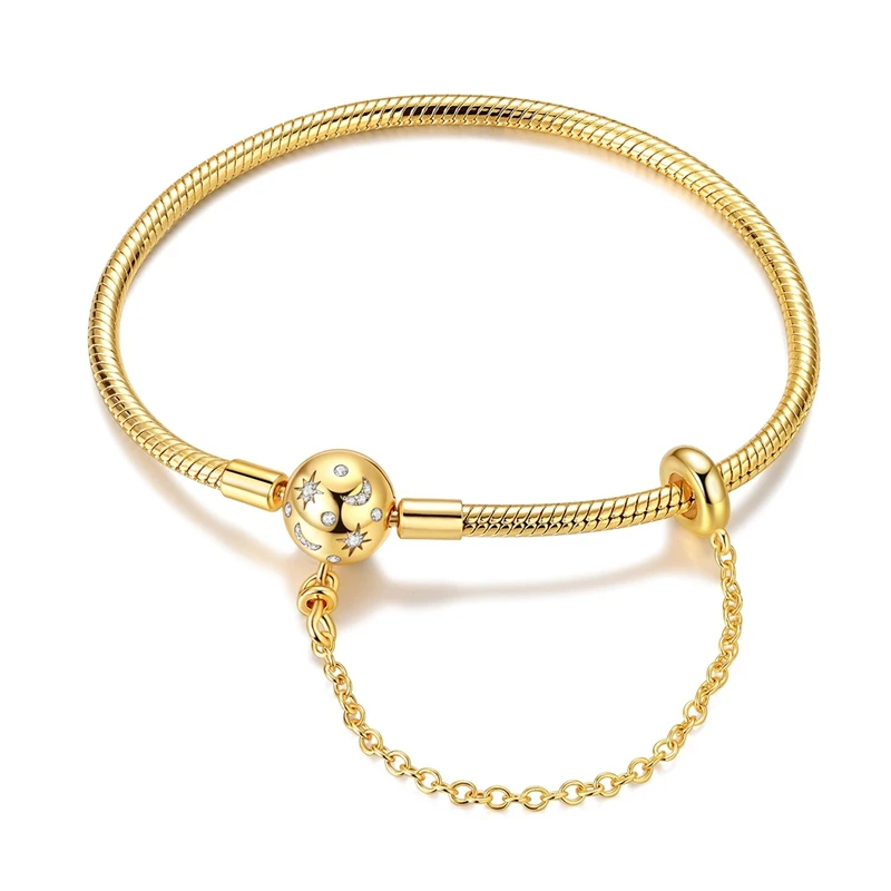 925 Sterling Silver Bracelets 17-20CM Original Golden Sparkling Heart Shaped Bracelet Fit DIY Charms Beads Fashion Women Jewelry