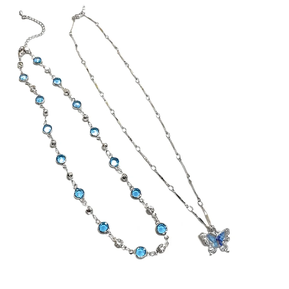 Romantic Blue Crystal Butterfly Necklace for Women Girls Bilayer Choker Clavicle Chain Fashion Delicate Zircon Sparkling Pendant