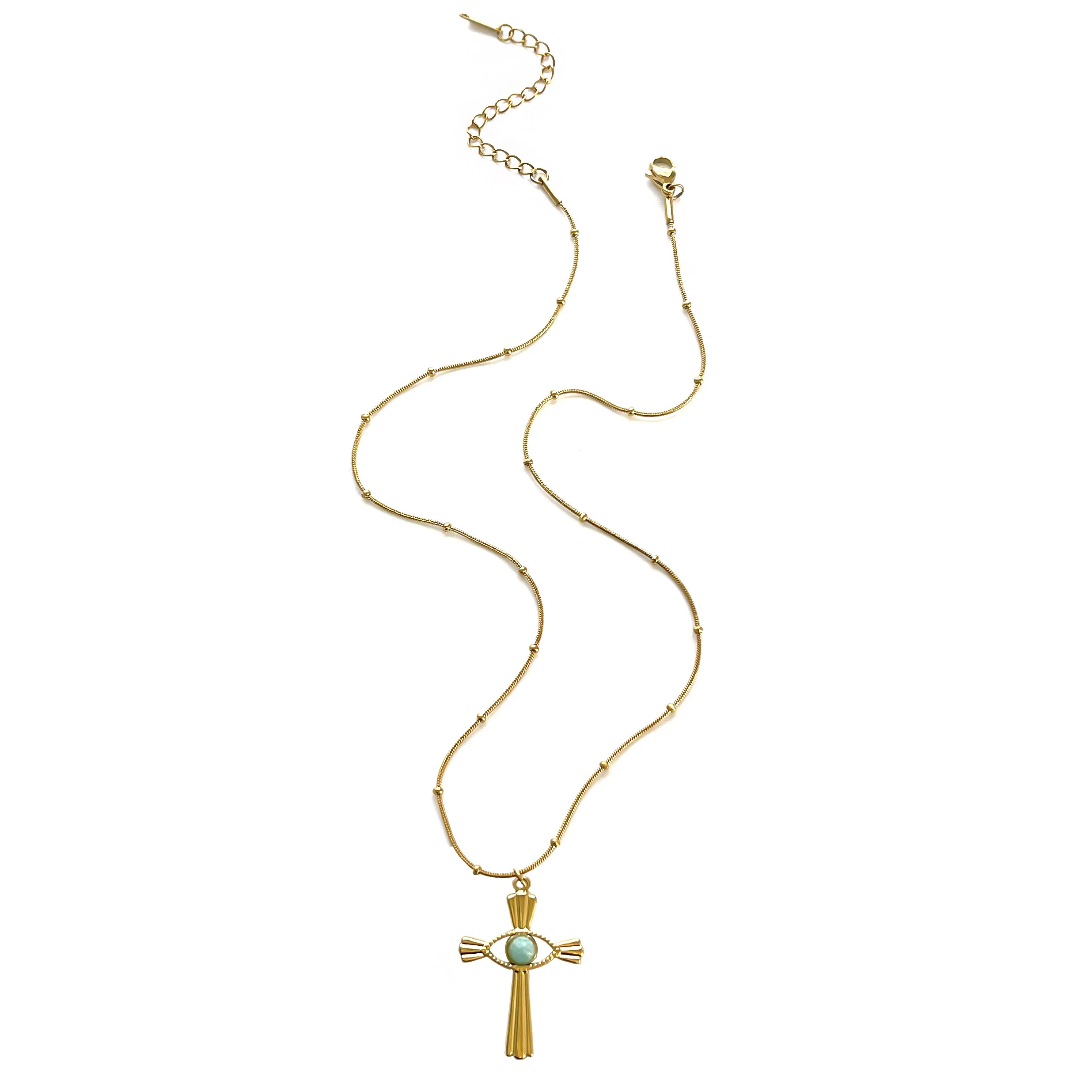 Peri'sbox Fashion Devil's Eye Natural Stone Cross Pendant Women Necklace Punk Style 18kGold Plated Bead Chain Party Jewelry Gift