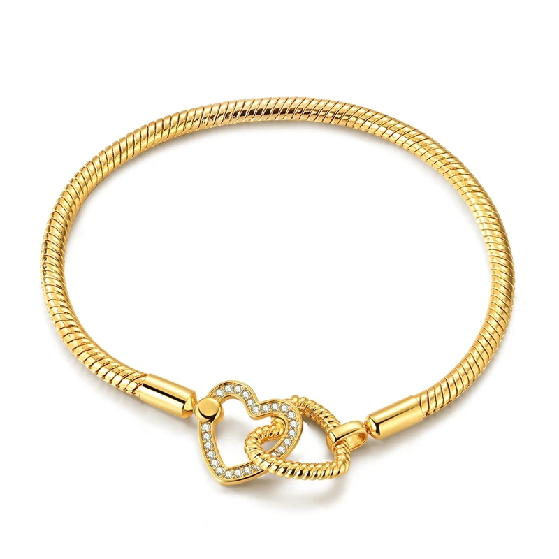 925 Sterling Silver Bracelets 17-20CM Original Golden Sparkling Heart Shaped Bracelet Fit DIY Charms Beads Fashion Women Jewelry