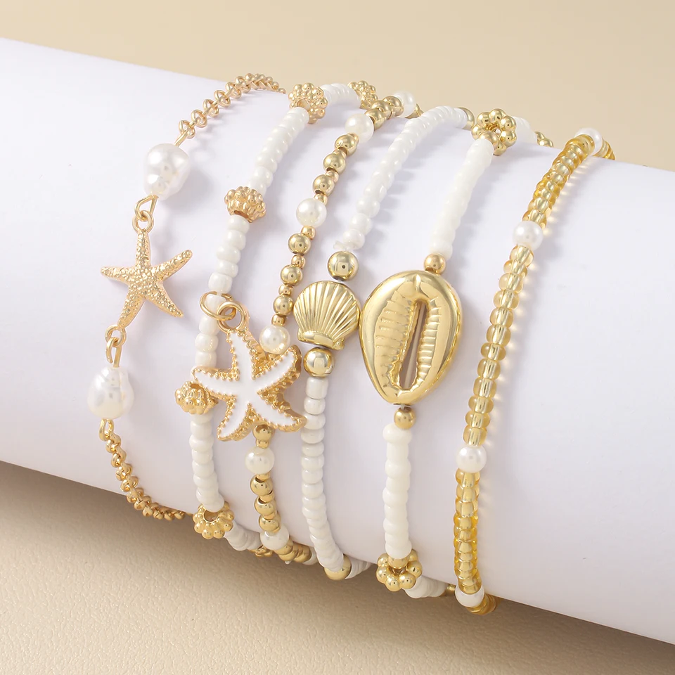 Vintage Seed Bead Stacked Bracelet Set Starfish Shell Embellishment Bracelets Elegant Women's Summer Beach Party Ideal Jewelry