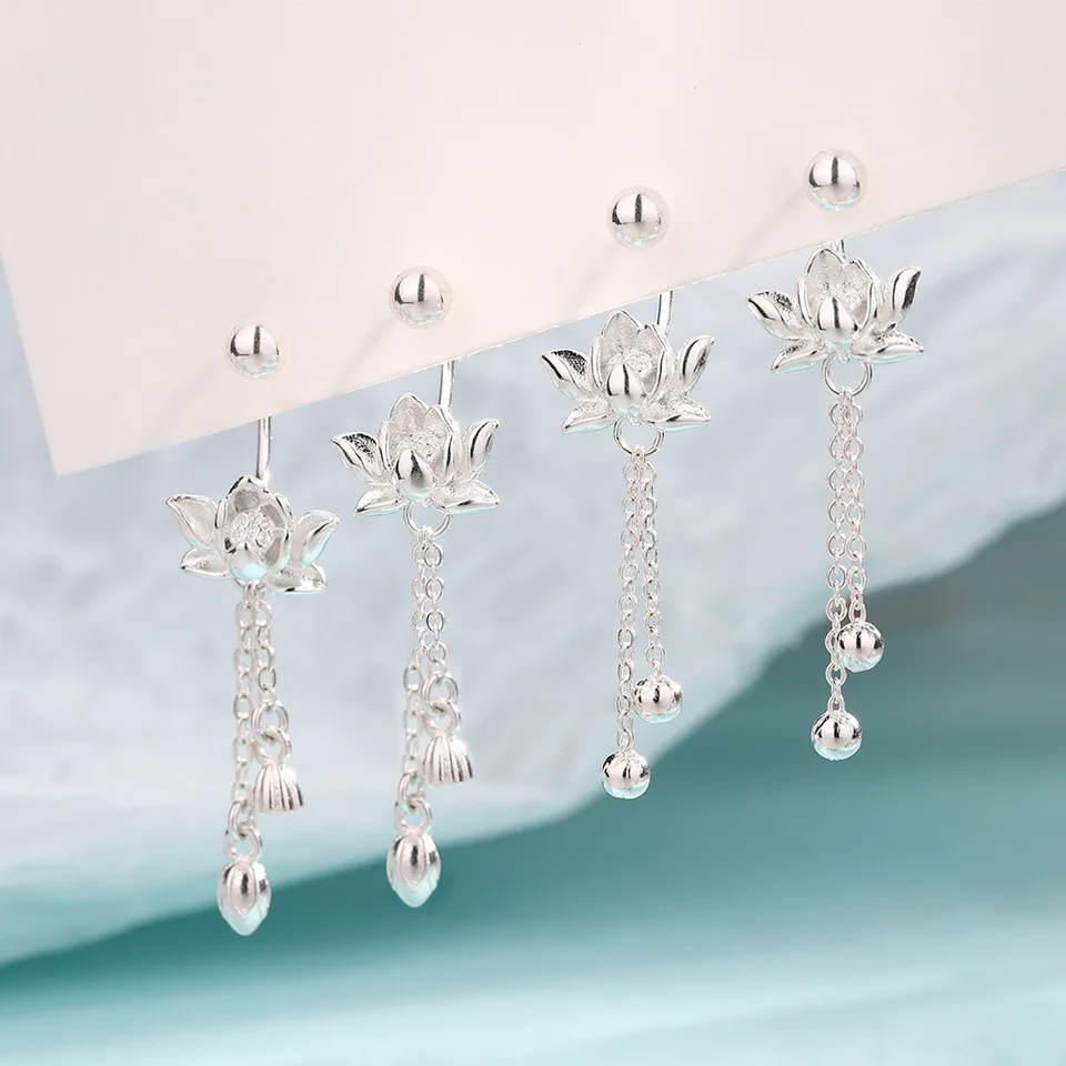 925 Sterling Silver Vintage Lotus Earrings for Women Cute Sweet Screw Design Silver Color Bowknot Earrings Vintage Jewelry Gifts