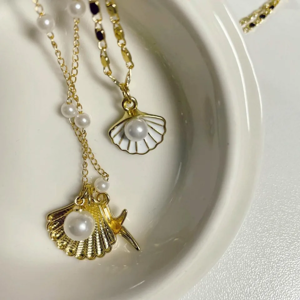 2pcs Set Fashion Boho Gold Color Marine Shell Starfish Pendant Pearl Chain Multi-layer Fold Wear Necklace for Women Jewelry Sets