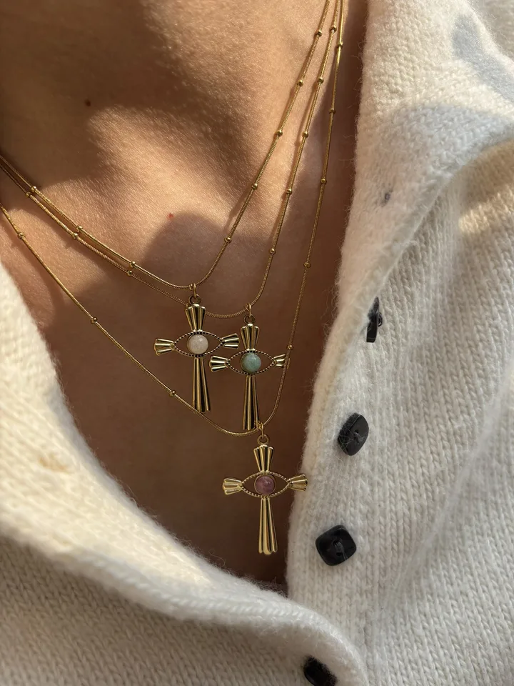 Peri'sbox Fashion Devil's Eye Natural Stone Cross Pendant Women Necklace Punk Style 18kGold Plated Bead Chain Party Jewelry Gift