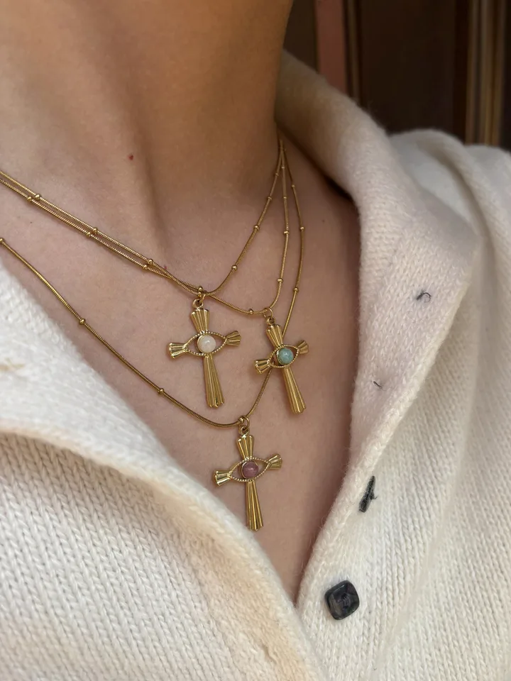 Peri'sbox Fashion Devil's Eye Natural Stone Cross Pendant Women Necklace Punk Style 18kGold Plated Bead Chain Party Jewelry Gift