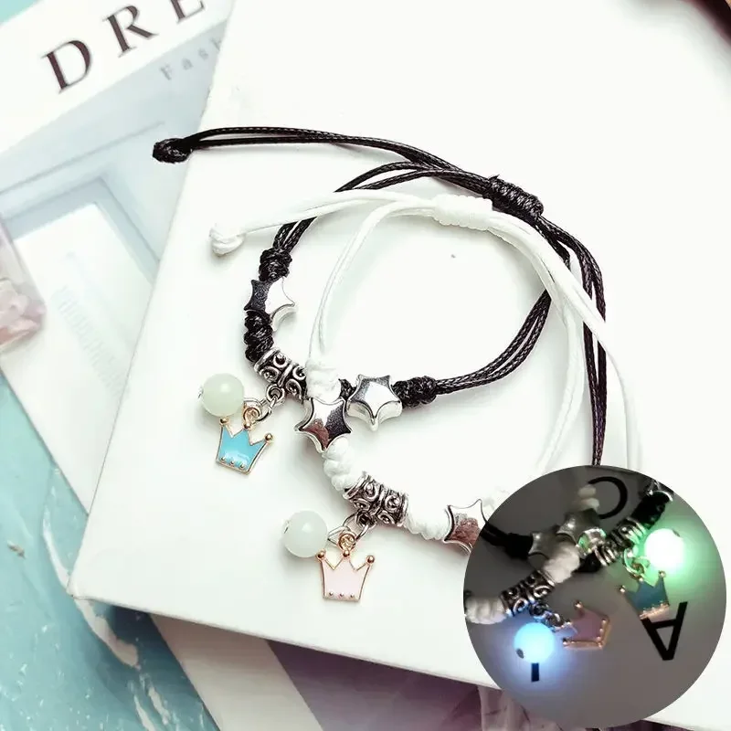 2PC Luminous Beads Star Couple Bracelet for Women Men Charm Cat Flower Heart Key Lock Cross Matching Friend Bracelets Jewelry