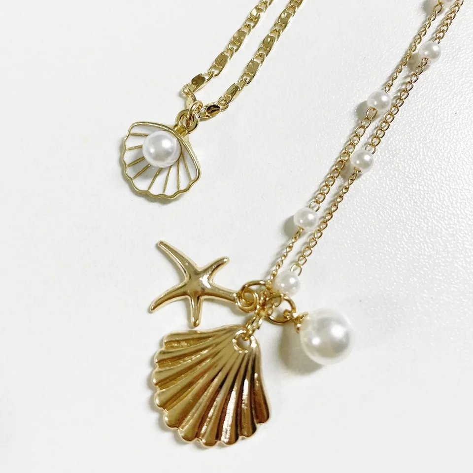 2pcs Set Fashion Boho Gold Color Marine Shell Starfish Pendant Pearl Chain Multi-layer Fold Wear Necklace for Women Jewelry Sets