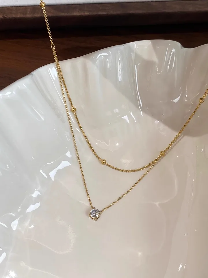 Stylish Shiny Zircon Double Layer Staniless Steel Waterproof Gold Plated Choker Necklace Stacked Fashion Jewelry Gift for Women