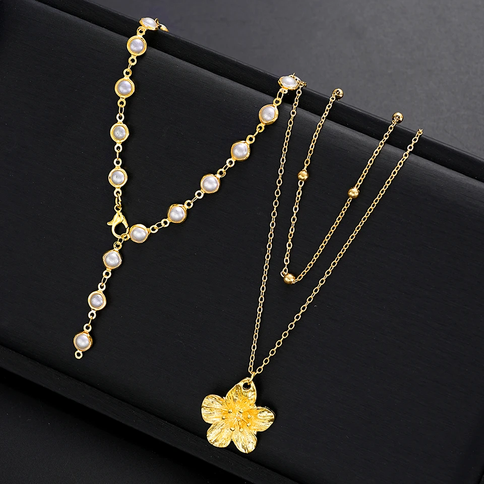 3 Pcs Elegant Flower Pendant Necklaces Set for Women Vintage Simple Pearl Bead Chain Necklaces Fashion Daily Party Jewelry Gifts