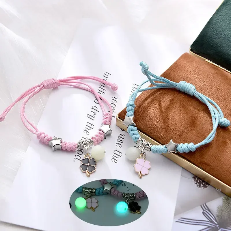 2PC Luminous Beads Star Couple Bracelet for Women Men Charm Cat Flower Heart Key Lock Cross Matching Friend Bracelets Jewelry