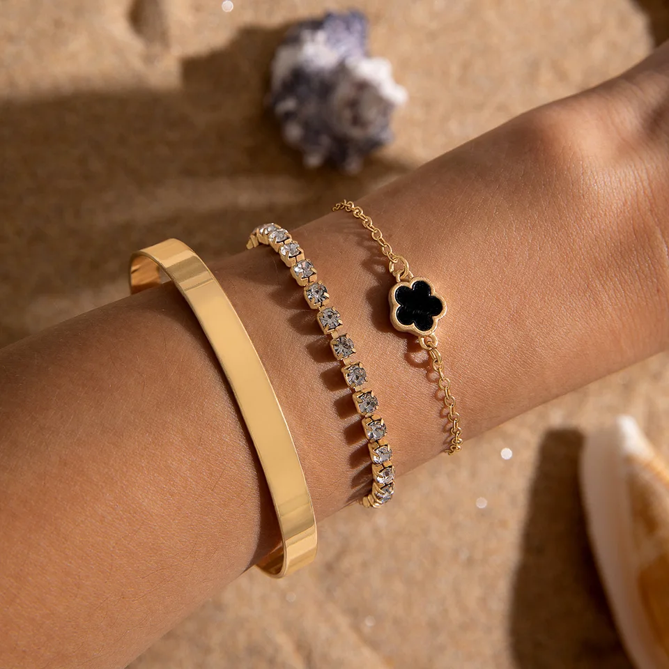 3Pcs/ Set Bohemia Minimalism Metal Rhinestone Chain Bracelet Set for Women Metal Bangle Gold Color Jewelry Gifts