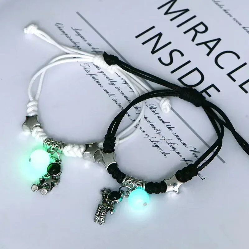 2PC Luminous Beads Star Couple Bracelet for Women Men Charm Cat Flower Heart Key Lock Cross Matching Friend Bracelets Jewelry